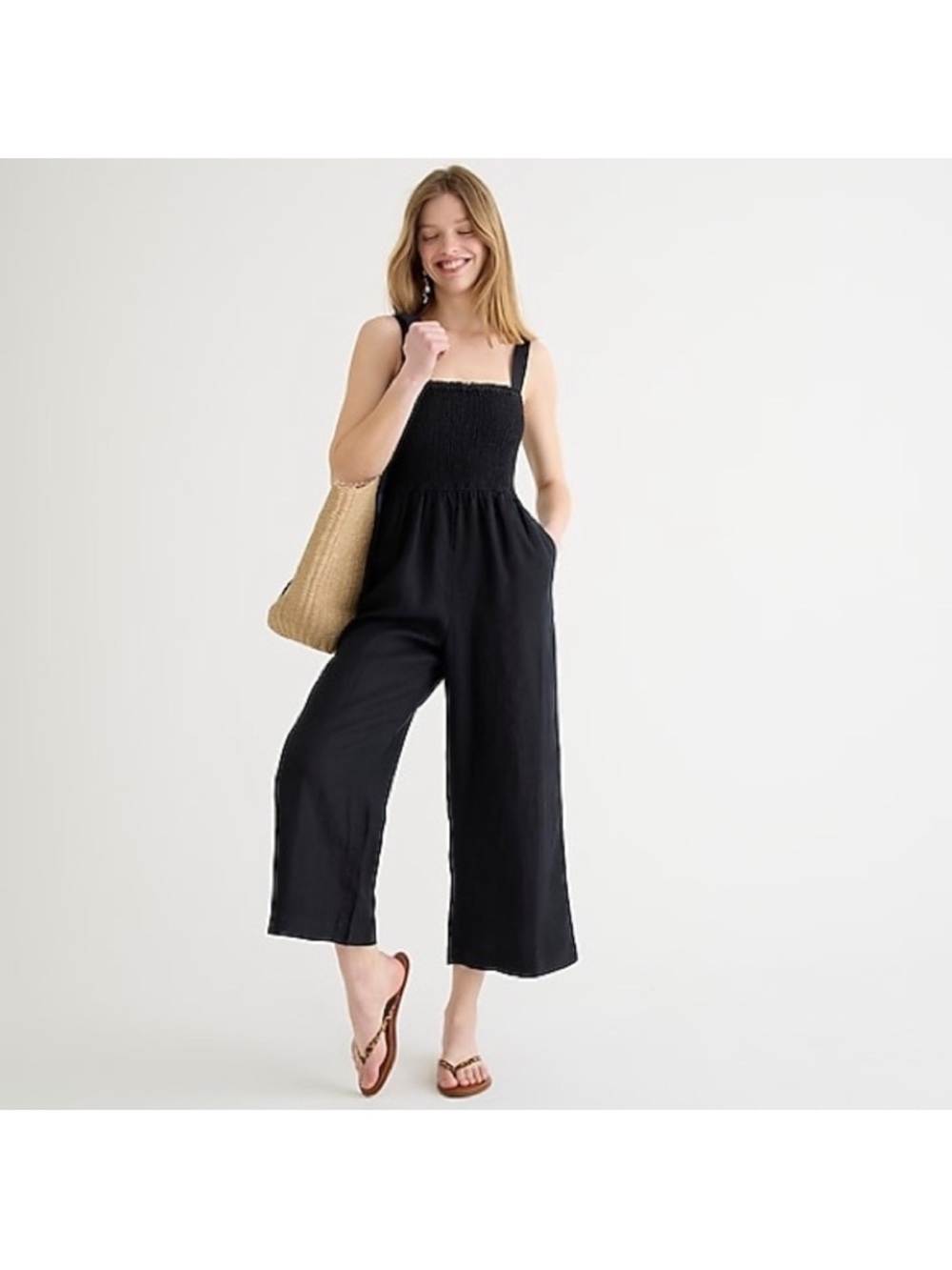 J. Crew Smocked Linen Jumpsuit Small Black Casual Coastal Minimalist Lagenlook